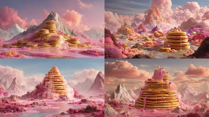 a pink fantasy landscape made from breakfast food,