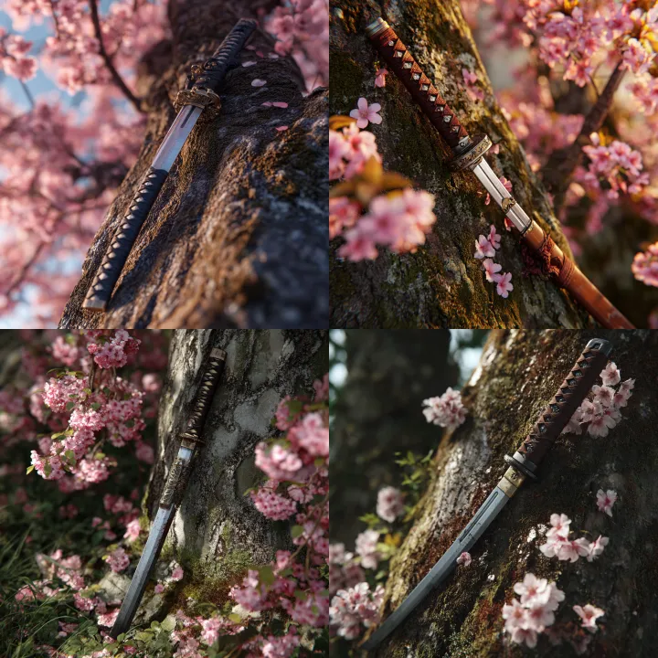katana placed against a tree with cherry blossoms,