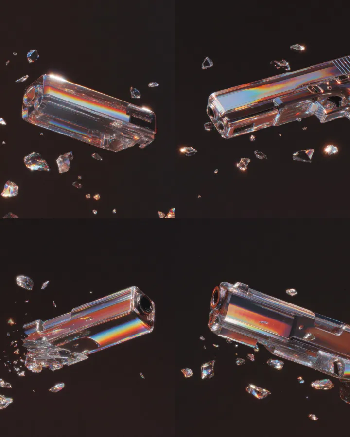 a glass Glock 17 shattering into fragments on a da