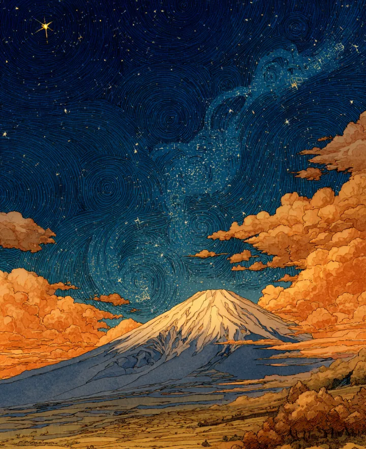 mt. Fuji at night, Michael kaluta, orange stars in