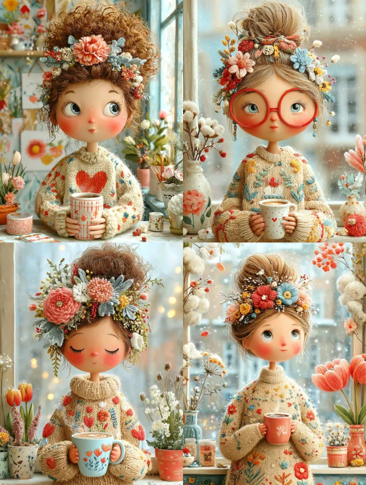 kawaii illustration of a cute woman in a beige swe