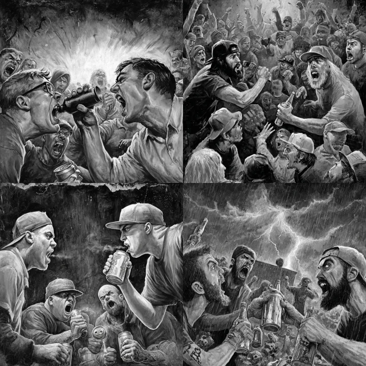 metal party, drinking and fighting. Realistic , mo