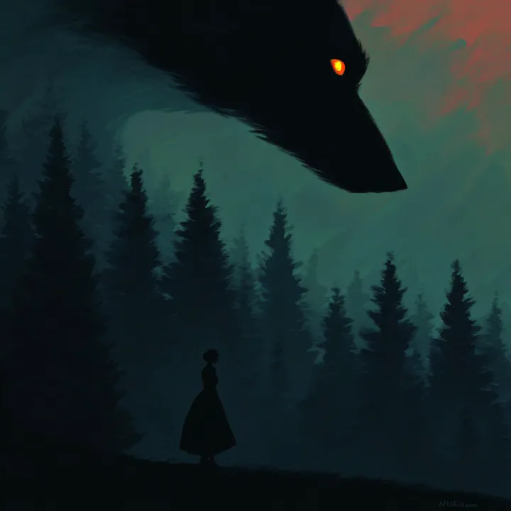 Endless foggy forest, with a single enormous glowi