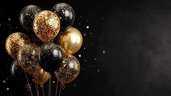 black background, gold glitter and gold balloons a