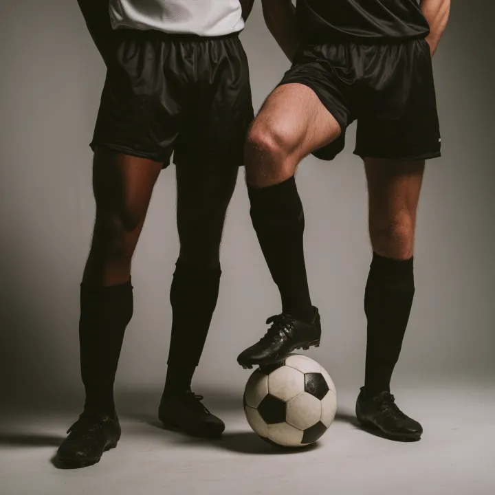 Two male soccer players, wearing black shorts and 