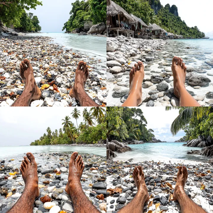 Stones and human thighs lie scattered around a bea