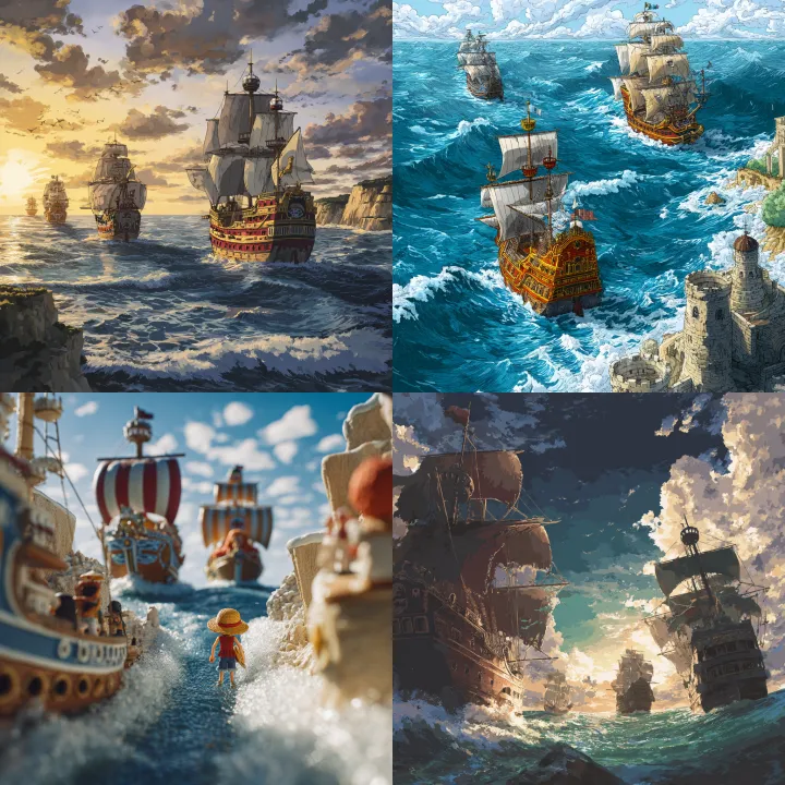 one piece anime, dramatic scene on the sea, the sh