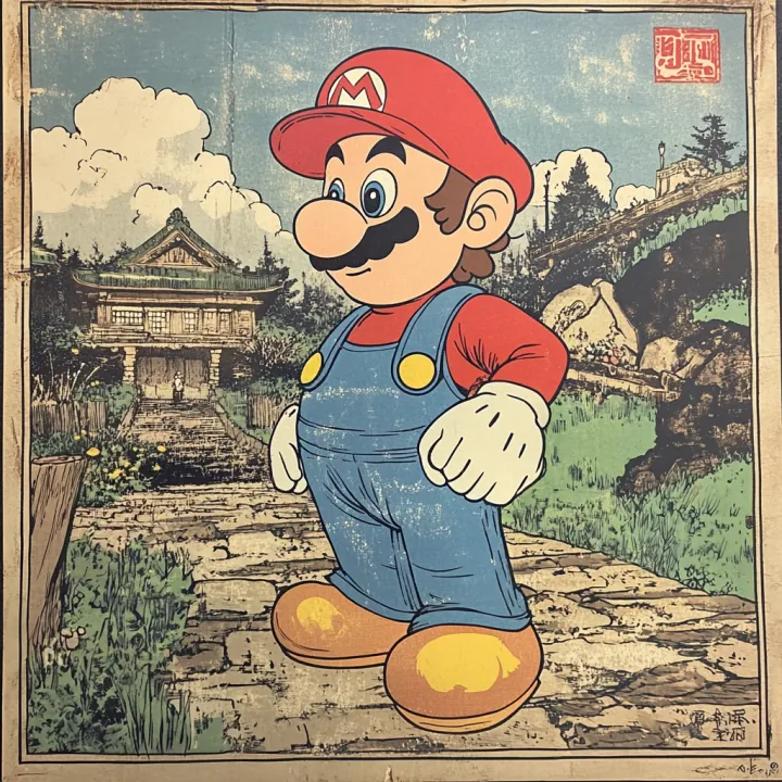 Hiroshige style woodblock print of Mario in Mario 