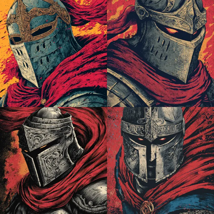 Heroic knight close-up headshot, wearing a weather
