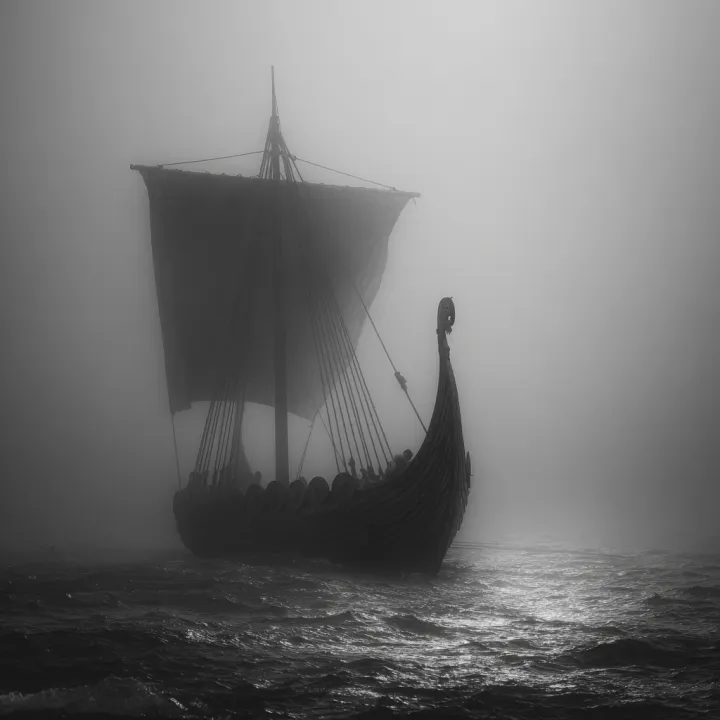 majestic viking ship coming out from a fog , high 