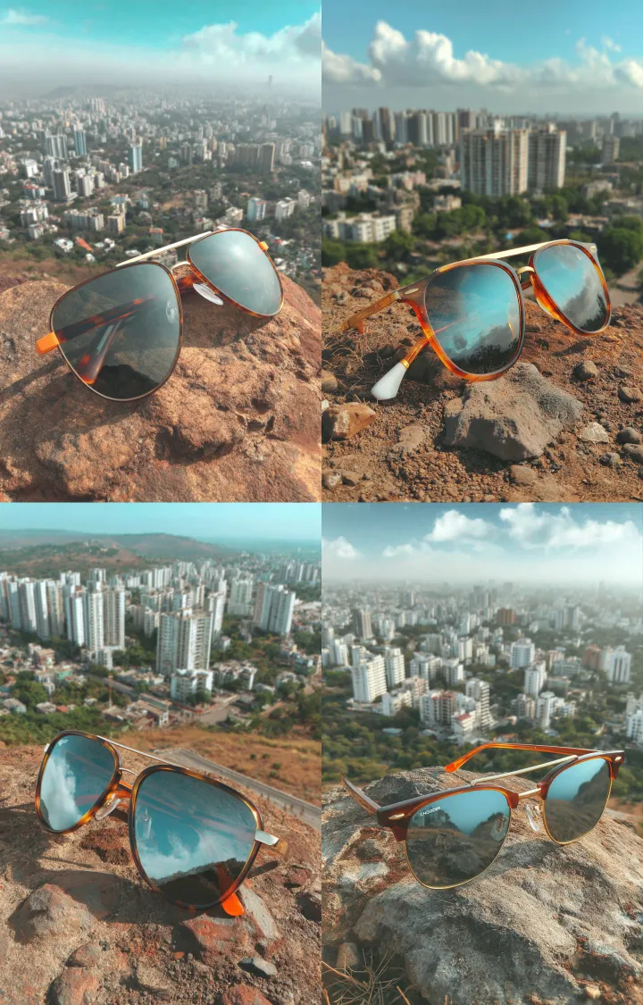 a pair of stylish sunglasses placed on a rocky sur