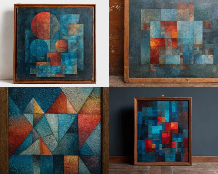 a vintage oil painting of an abstract artwork, fea
