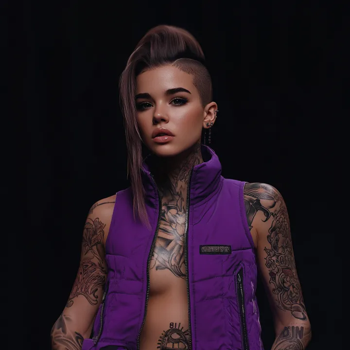 Hailee Steinfeld , purple vest , brown combover mo