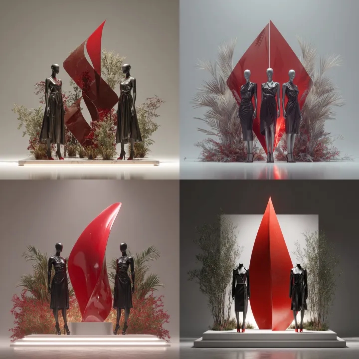 a red metallic, leaf-shaped sculpture standing upr