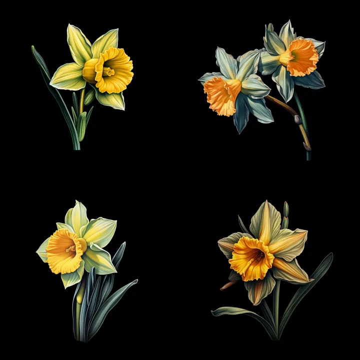 white Daffodil 水仙 drawing illustration, black back