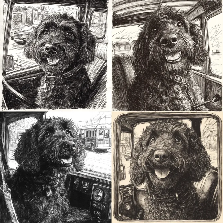 vintage pen drawing , A black grownup labradoodle 