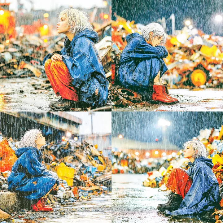 white-haired girl wearing a blue coat with small r