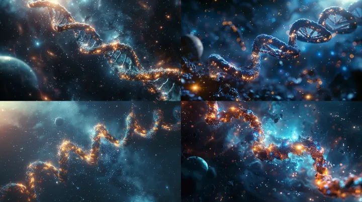 clean cinematic space render of a luminous DNA dou