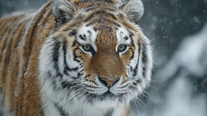 A Siberian tiger walks towards us in a snowstorm, 