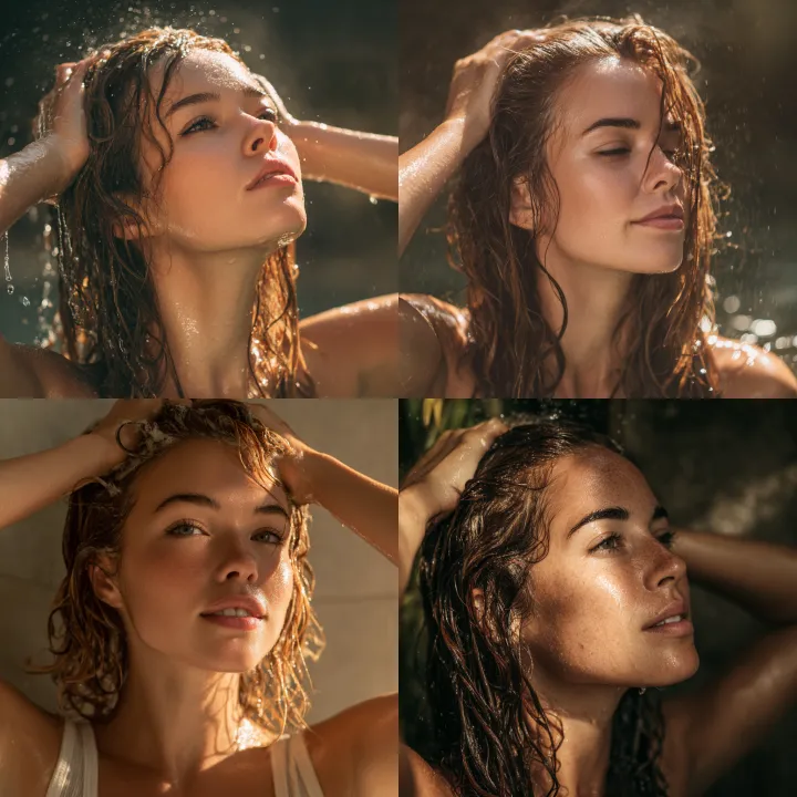 A realistic photo of a young woman washing her hai