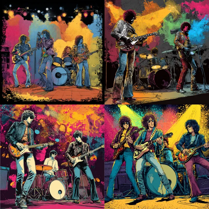1970s rock band on stage under bright retro spotli