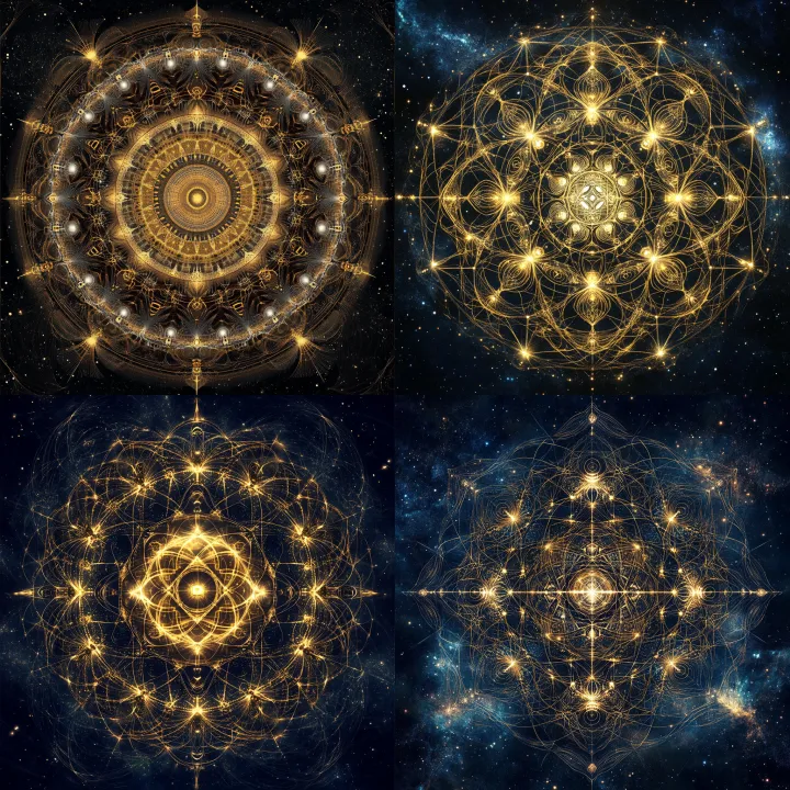 a sacred geometry mandala rendered in luminous gol