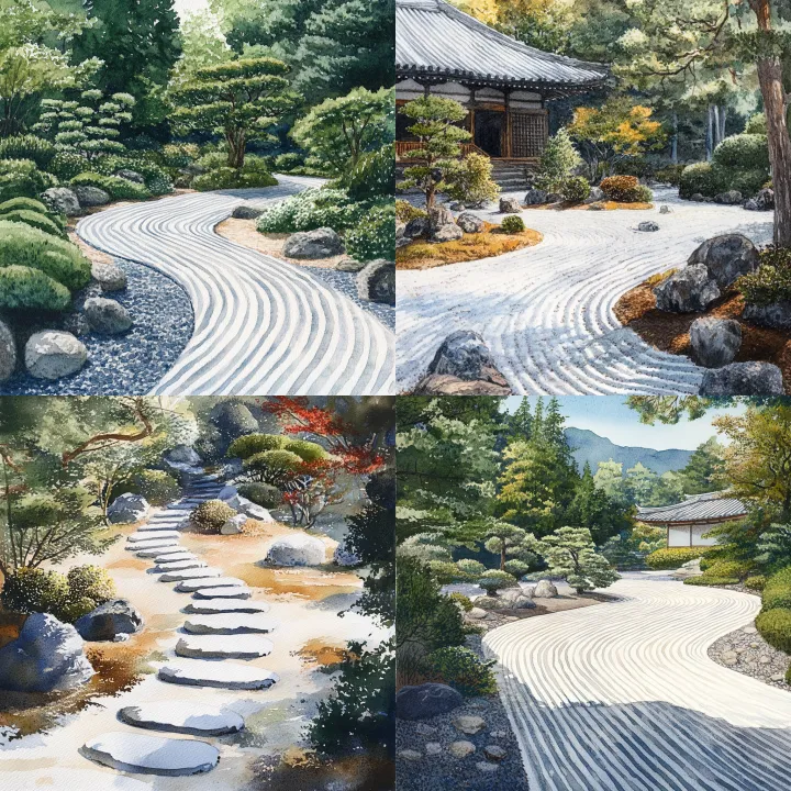 White striped pebbles in the Japanese garden of a 
