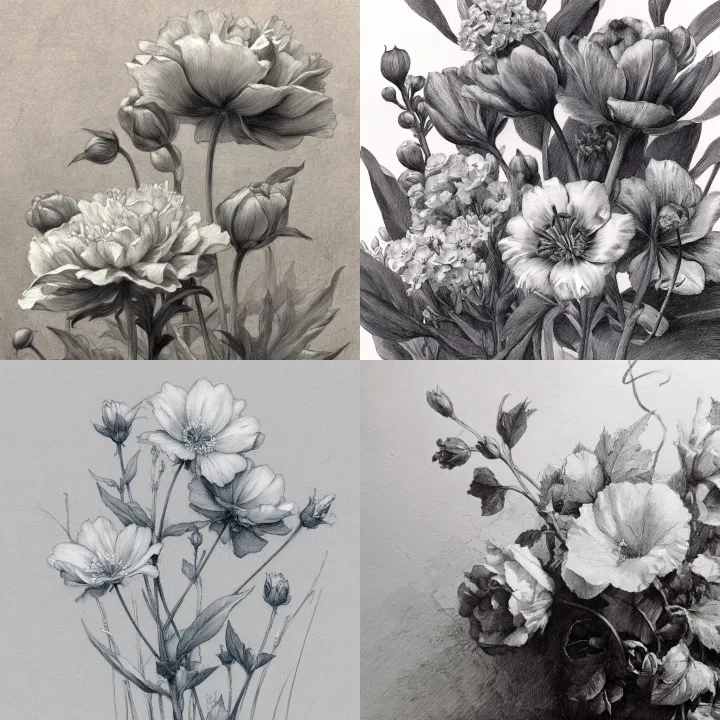 A pencil drawing of flowers in the style of José C