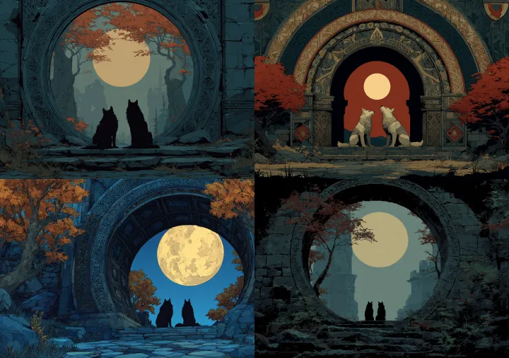 Two sentinel wolves guarding a moongate portal, th
