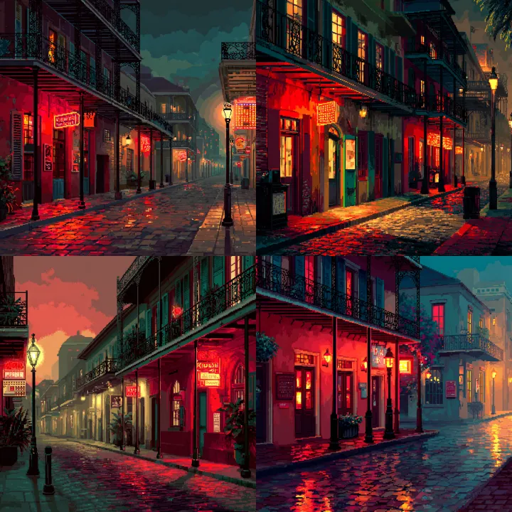 Bright 16-bit pixel art scene of an empty New Orle