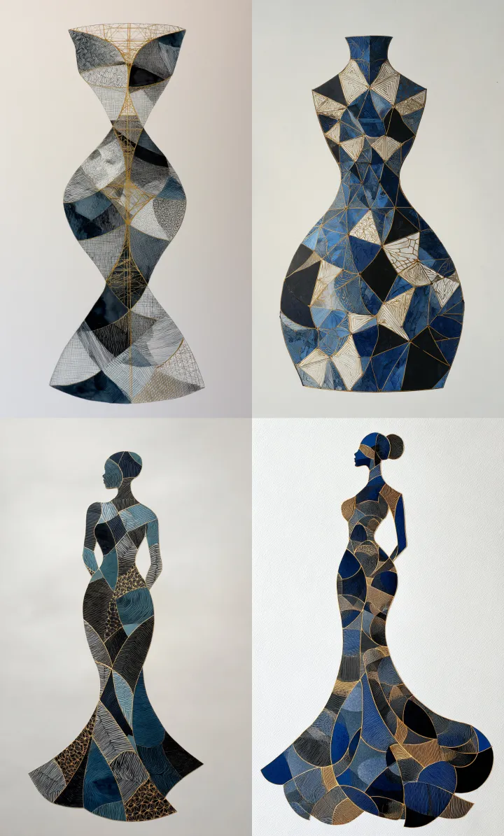 a woman's body made of geometric patterns in blue 