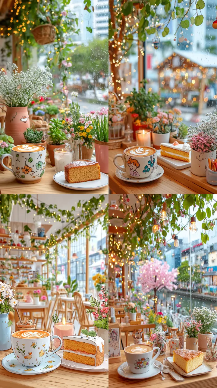 a cozy modern cafe on a rainy afternoon, warm cand