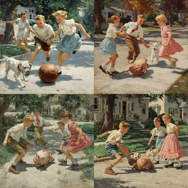In the style os Norman Rockwell, 3 kids and a dog 