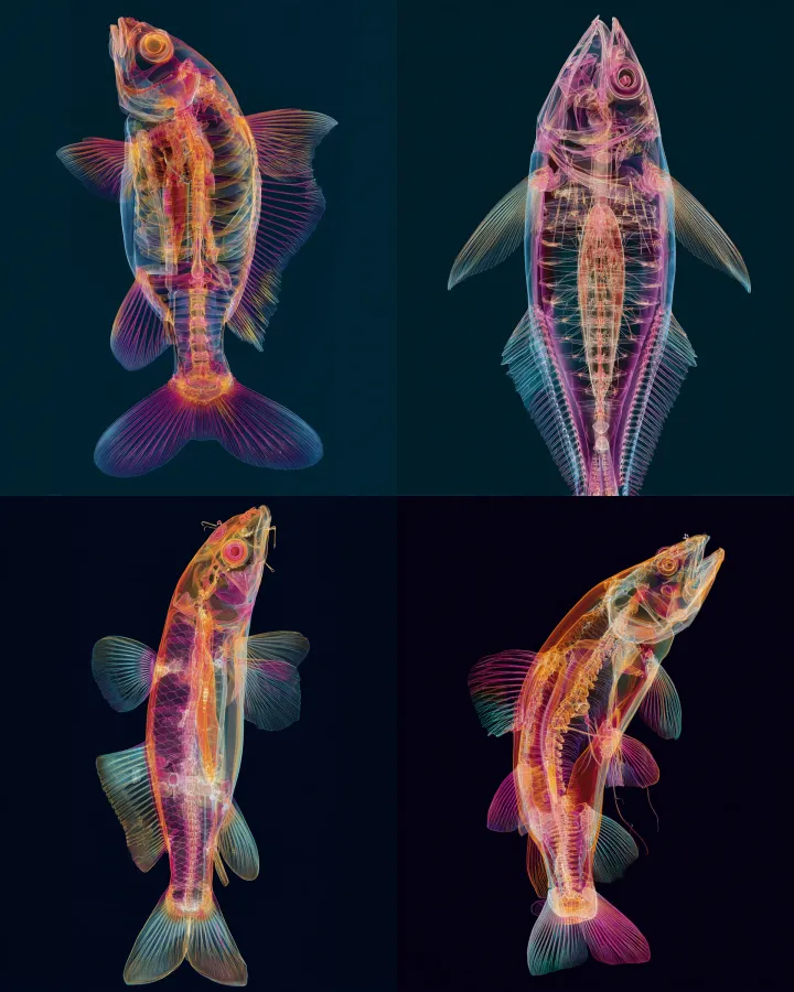 colorful x-ray scan of a fish, we see a big fish l