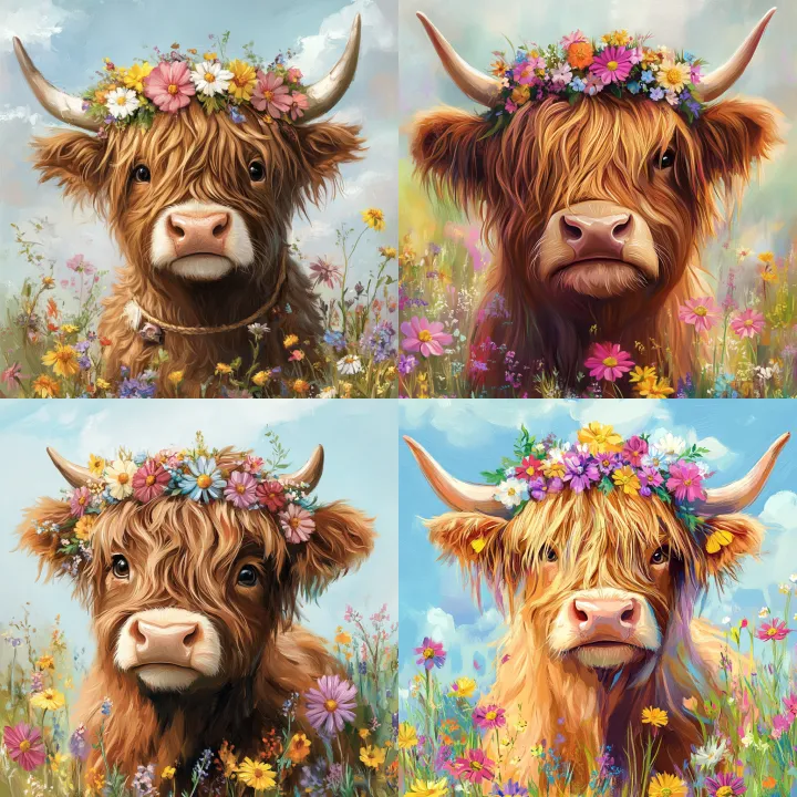 Cute Highland cow with flowers in her hair, surrou