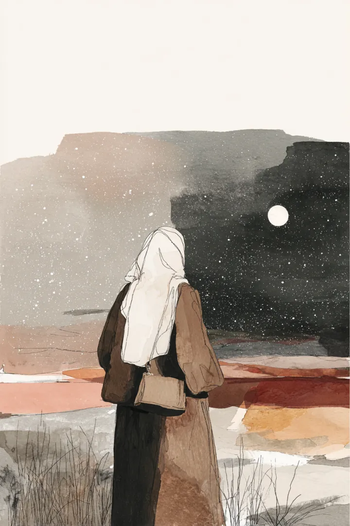 Dreamy dual landscape illustration of a faceless m