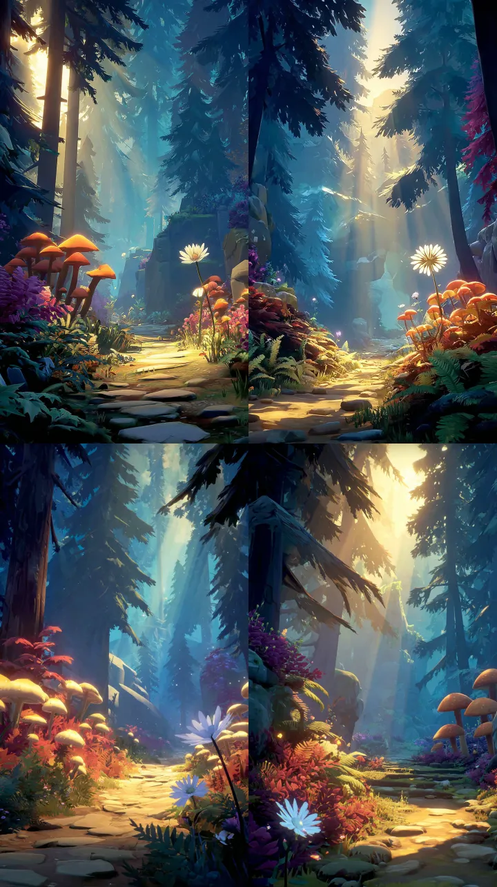 a path winds through a cheerful, brightly lit fore