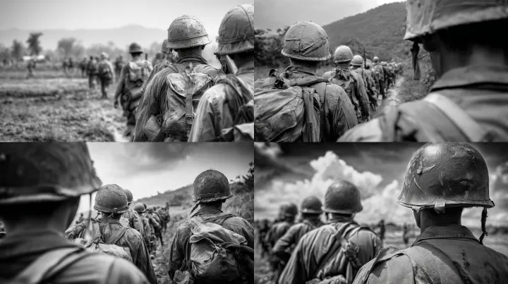 Black and white landscape shot of Vietnam war, ima