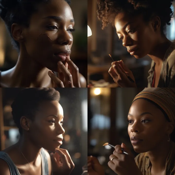 Black woman applying makeup on her face . Beautifu