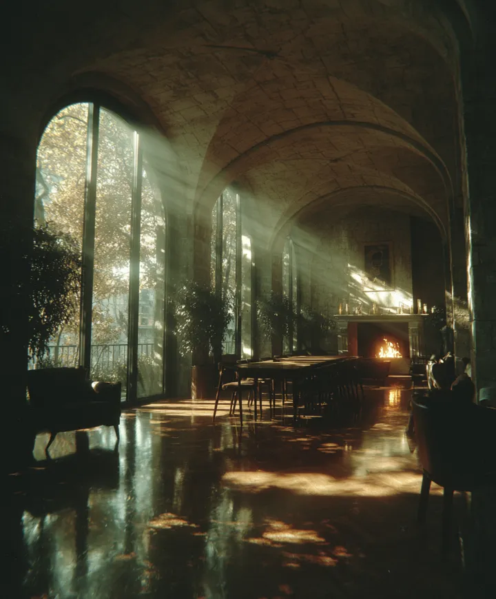 A lounge in a Parisian apartment with tall arched 