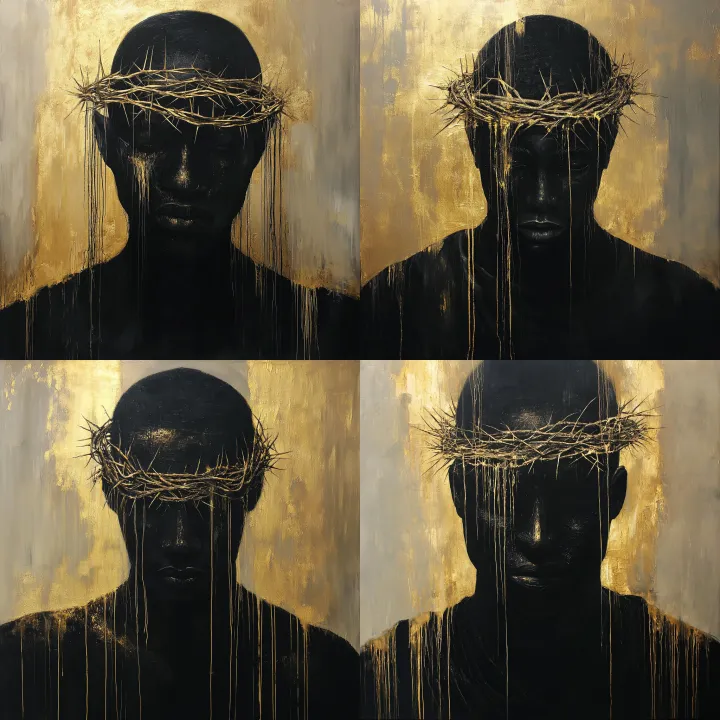 A black figure wears a crown of thorns like Christ