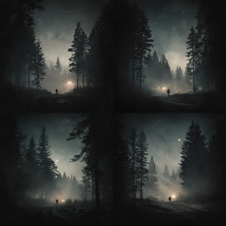 A lone figure walking through a dark, quiet forest
