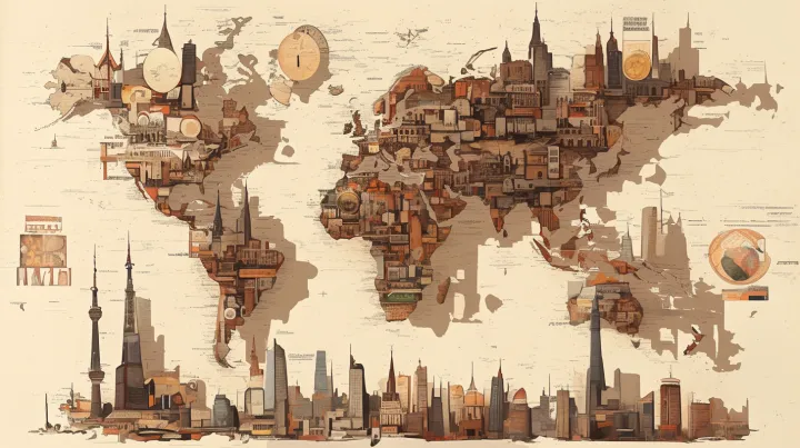World map with each country's currency printed in 