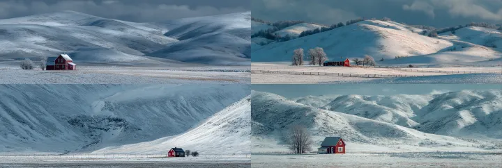 snowy hills with small red farmhouse in forwground