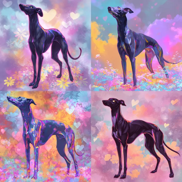 Elegant black greyhound in Kawaii style, large gli