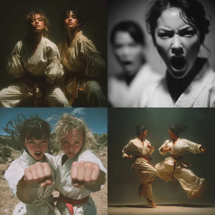 photography of two women doing karate, expressive 
