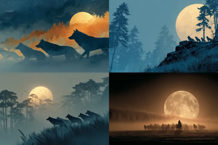 A dire wolf pack circling beneath a hunter's moon,