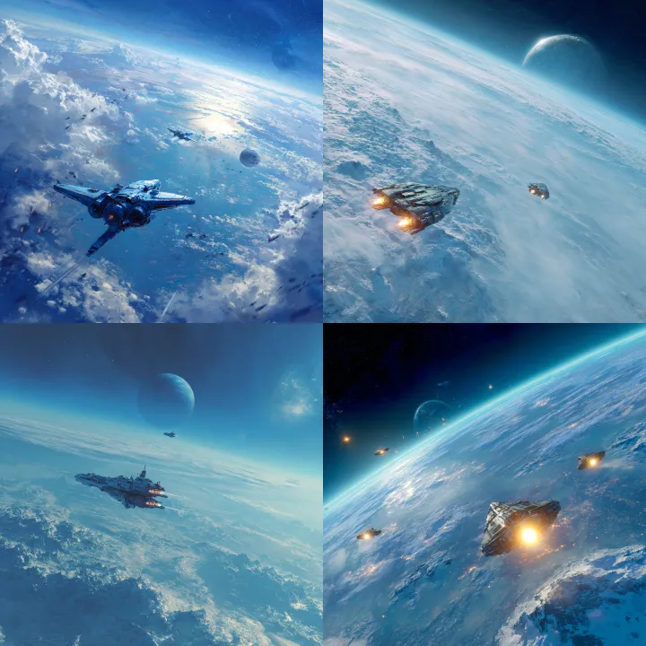 spaceship battle above a blue planet.