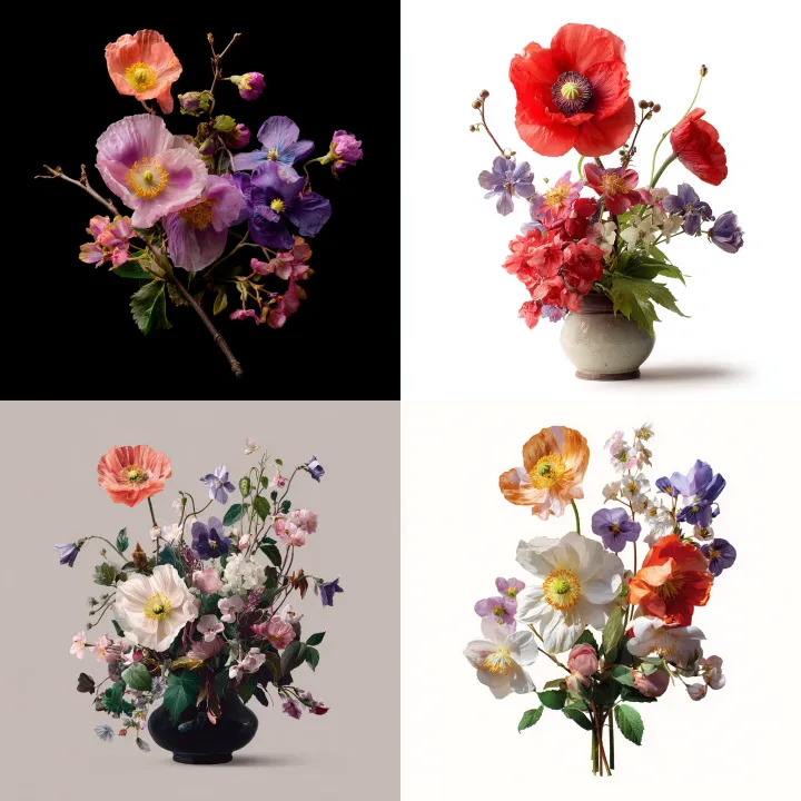 a flower bouquet with poppy flower, violets and wi