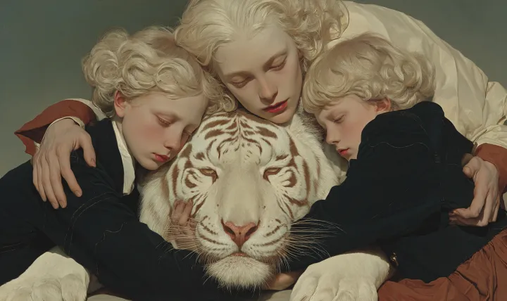 Blonde vampire children hugging a white tiger. --a